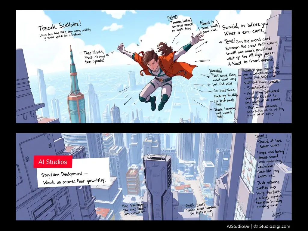 A digital rendering of a storyboard panel depicting a key scene from a video, highlighting the storyline development and scriptwriting capabilities of AI Studios.
