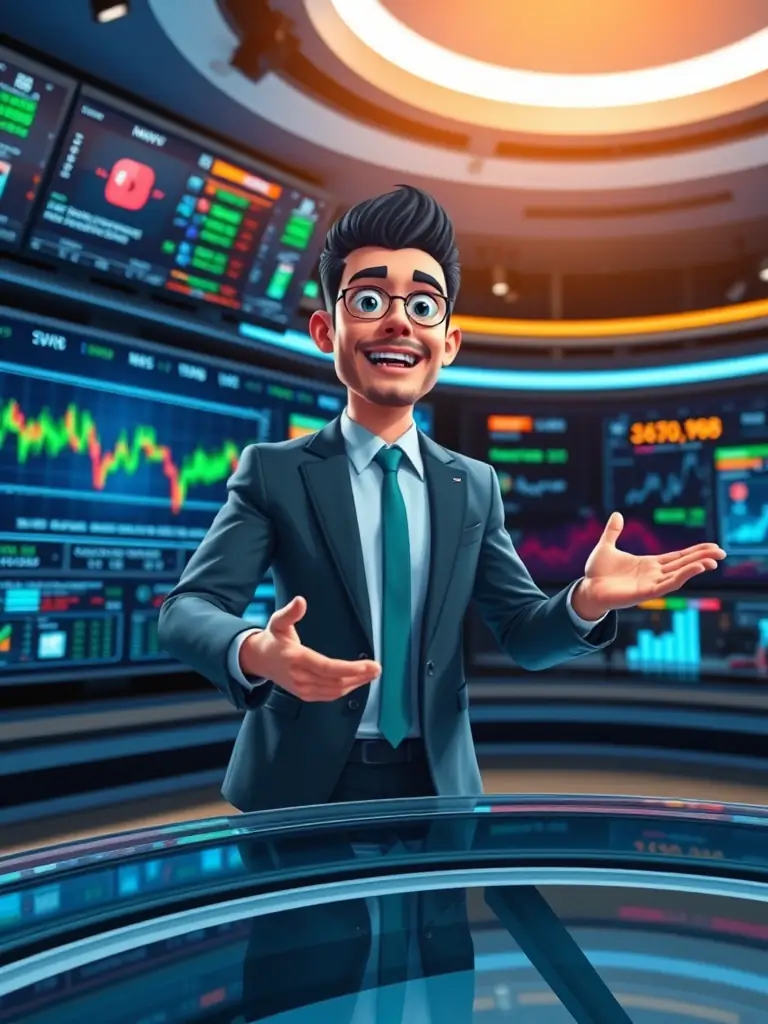 A dynamic and engaging news broadcast featuring a digital anchor delivering the latest cryptocurrency market updates, showcasing AI Studios' capability in news production.