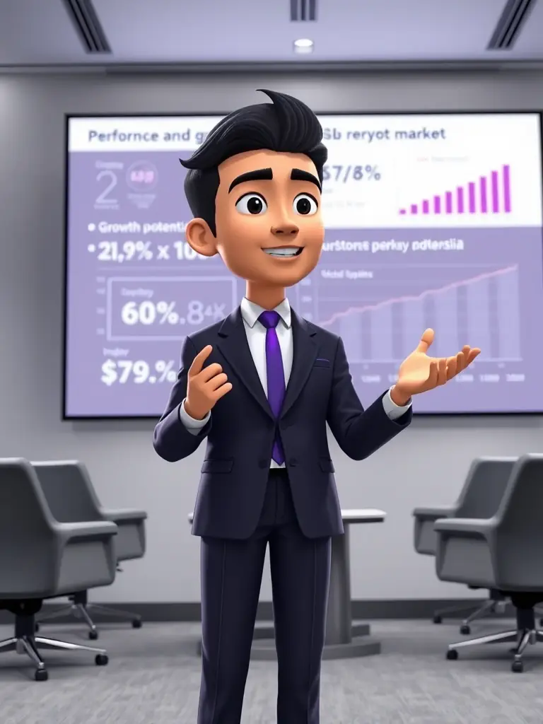 An informative investor presentation video showcasing AI Studios' performance metrics and future growth potential in the cryptocurrency market, presented by a digital spokesperson.