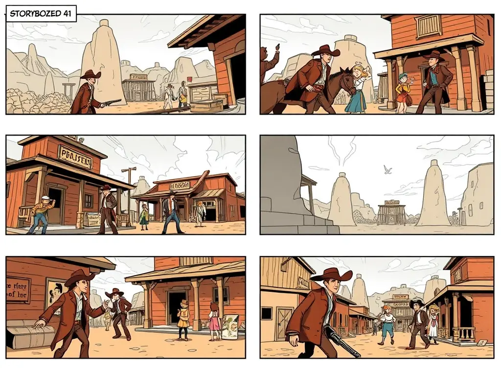 A series of storyboard panels illustrating key scenes from a Western-themed episode, showcasing dynamic camera angles, detailed set designs of an old Western town, and expressive character interactions.