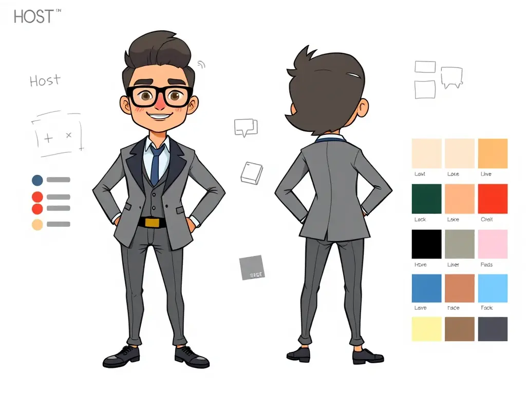 A character design sketch featuring a digital host in stylish, modern attire, with customizable features and expressive animations, ready to engage viewers in a corporate or investor-focused video.