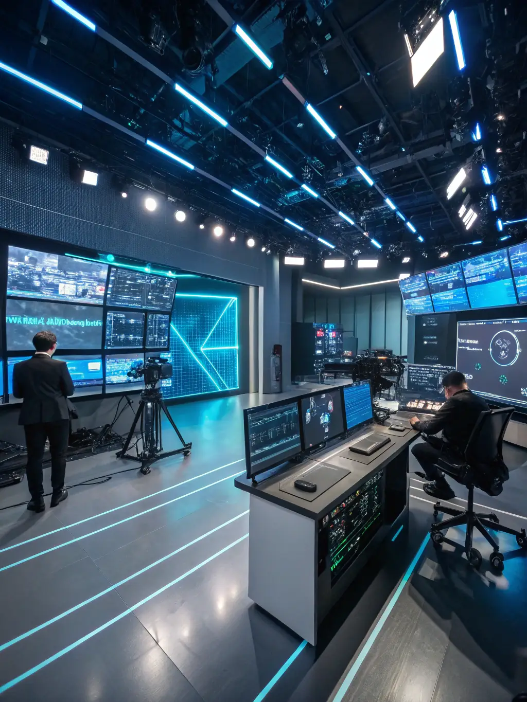A behind-the-scenes look at AI-powered virtual cameras capturing scenes, emphasizing the innovative approach of AI Studios in video production.
