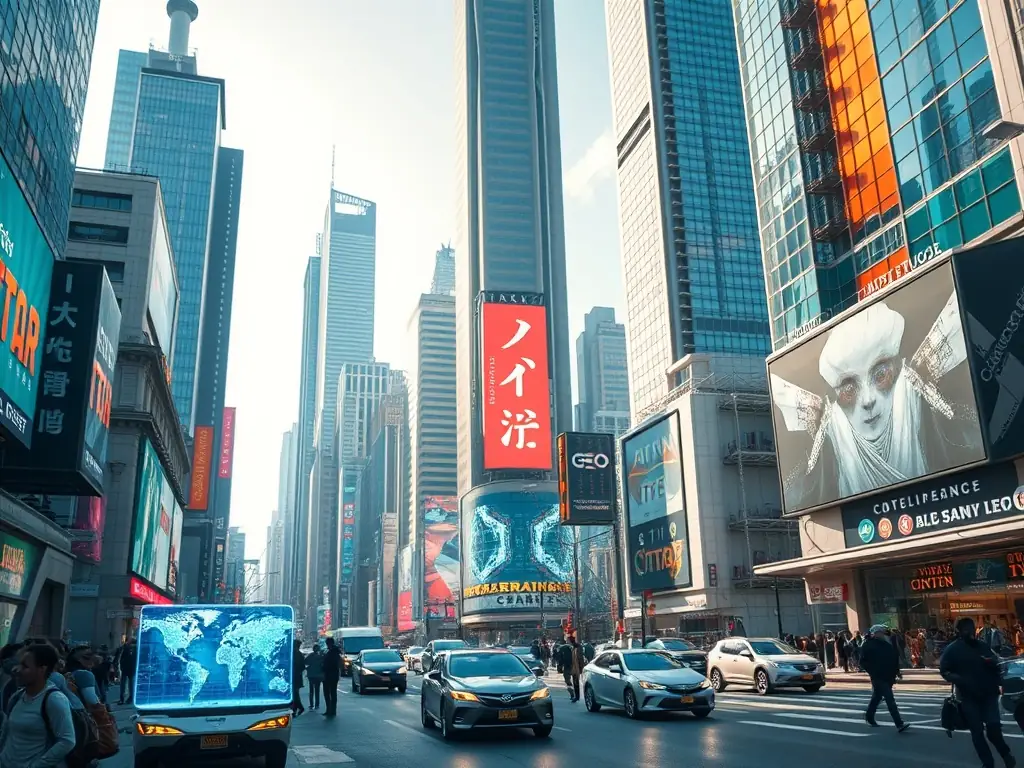 A detailed storyboard panel depicting a futuristic cityscape with sleek, towering buildings, flying vehicles, and diverse digital characters interacting in a bustling marketplace, showcasing advanced AI integration.
